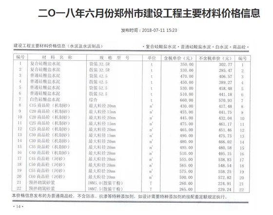 2018年6月鄭州混凝土信息價(jià)C30混凝土價(jià)格