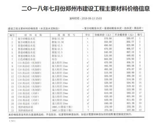 鄭州混凝土信息價7月份C30混凝土價格